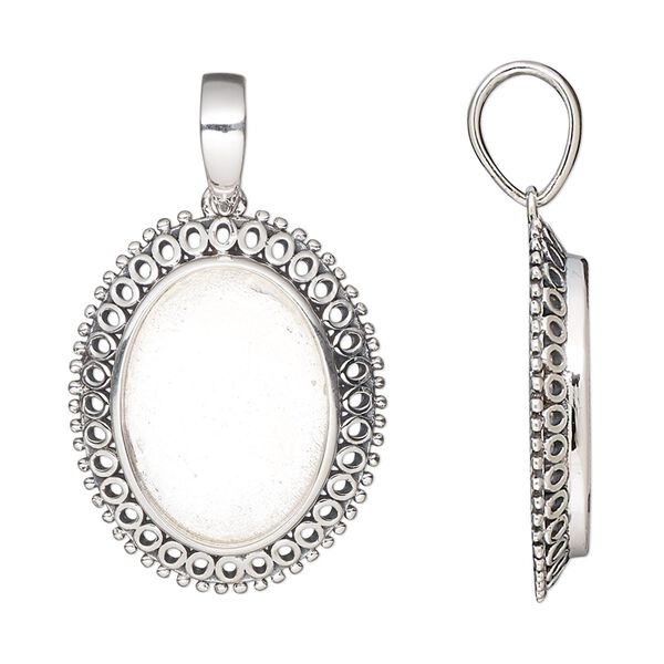 Pendant, antiqued sterling silver, 25.5x21mm oval with fancy rim and 18x13mm oval bezel setting. Sold individually. image number 0