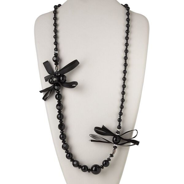 Necklace, organza / acrylic / silver-coated plastic, black, 32-inch continuous loop. Sold individually. image number 0