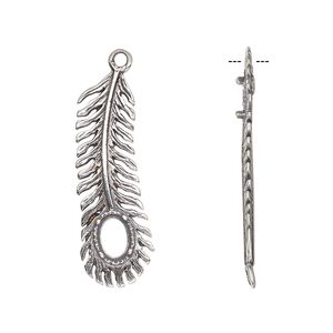 Drop, JBB Findings, antiqued sterling silver, 28.5x14mm single-sided feather with 6x4mm 4-prong oval setting. Sold individually.