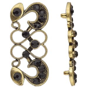 Spacer, antiqued gold-finished "pewter" (zinc-based alloy) and Czech glass rhinestone, black, 40x19mm 2-strand fancy rectangle with heart and swirl design. Sold per pkg of 4.