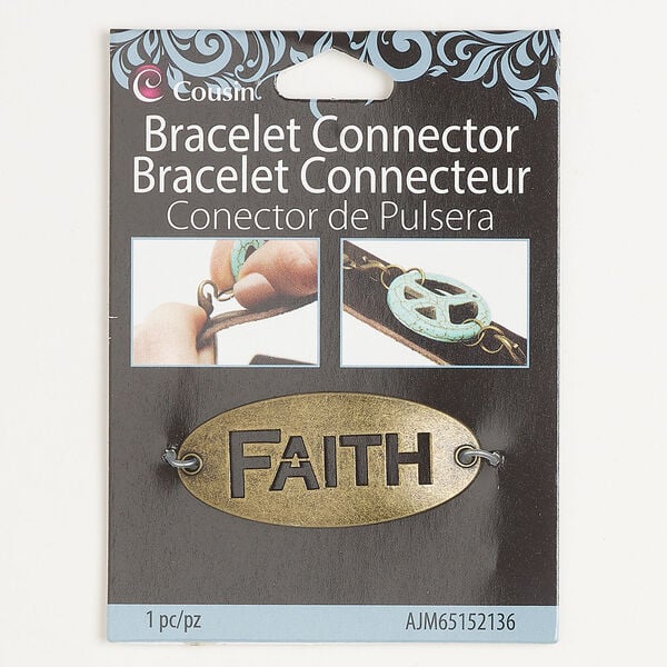 Connector 1pkg1, antique brass-finished "pewter" (zinc-based alloy), 47x21mm oval with cutout  "FAITH." image number 0