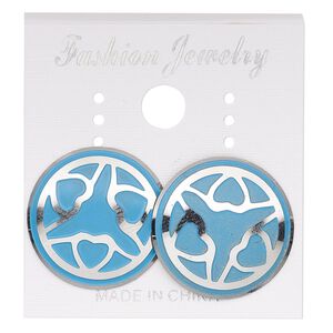 Earstud, stainless steel, blue patina, 20mm round with heart design. Sold per pair.