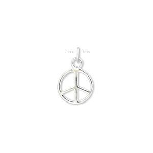 Charm, sterling silver, 10mm double-sided peace symbol. Sold per pkg of 6.