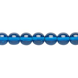 Bead, Czech glass druk, transparent dark aqua blue, 8mm round. Sold per 15-1/2" to 16" strand, approximately 50 beads.
