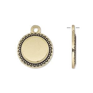 Drop, antique gold-finished "pewter" (zinc-based alloy), 17mm round with beaded and triangle edge with 12mm round setting. Sold per pkg of 6.