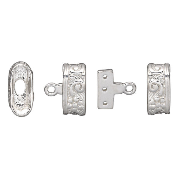 End bar, sterling silver, 13x6mm 3-strand double-sided fancy oval textured cap with 10x7mm inside bar, 11x3.5mm hole. Sold individually. image number 0