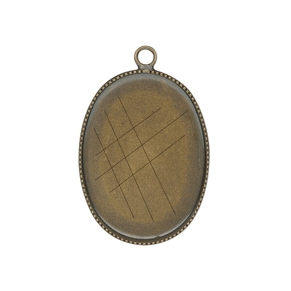 Drop, antiqued brass, 26x19mm oval with beaded edge and 25x18mm oval bezel cup setting. Sold per pkg of 6. image number 0