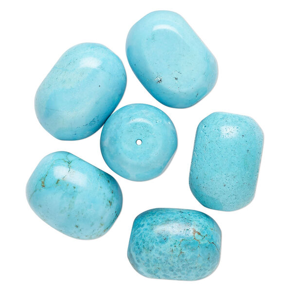 Bead, magnesite (dyed / stabilized), blue, 28x22mm barrel, C grade, Mohs hardness 3-1/2 to 4. Sold per 1/4 pound pkg, approximately 5 beads. image number 0
