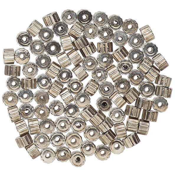 Bead, acrylic, silver, 4x3mm corrugated heishi. Sold per pkg of 100. image number 0