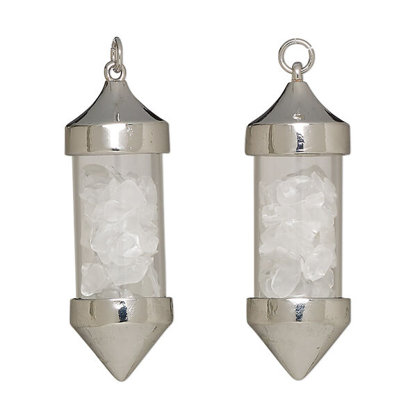 Pendant, quartz crystal (natural) / glass / imitation rhodium-plated brass, 53x18mm pendulum. Sold individually. image number 0