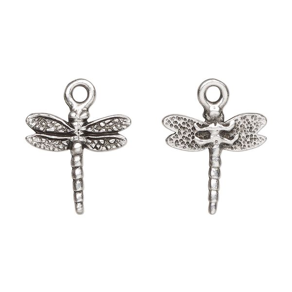 Charm, TierraCast®, antique silver-plated pewter (tin-based alloy), 16mm two-sided dragonfly. Sold per pkg of 20. image number 0