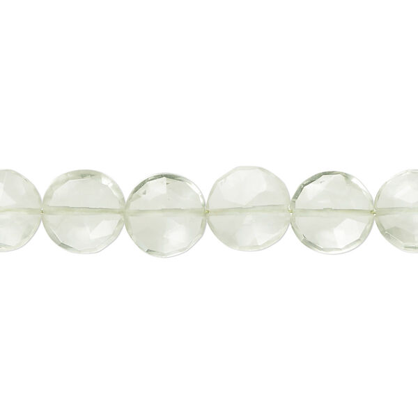 Bead, green quartz (heated), 8-10mm hand-cut faceted puffed flat round, B- grade, Mohs hardness 7. Sold per 7-inch strand, approximately 20 beads. image number 0