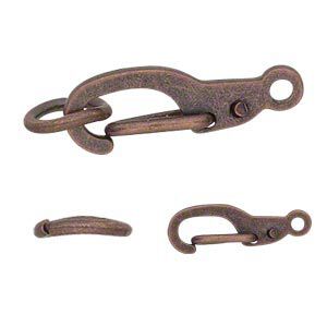 Clasp self-closing hook 1pkg12, 11x5mm hook / 5mm jump ring, antique copper-finished brass 1-strand