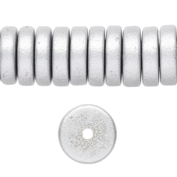 Bead, painted Taiwanese cheesewood (coated), metallic silver, 15x4mm hand-cut rondelle. Sold per 8-inch strand, approximately 45 beads. image number 0