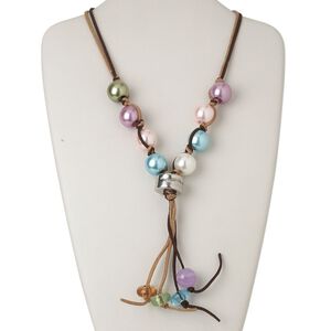 Necklace, acrylic / waxed cotton cord / plastic / silver-coated plastic, multicolored, 6-inch dangle with round, 50 inches with knot closure. Sold individually.