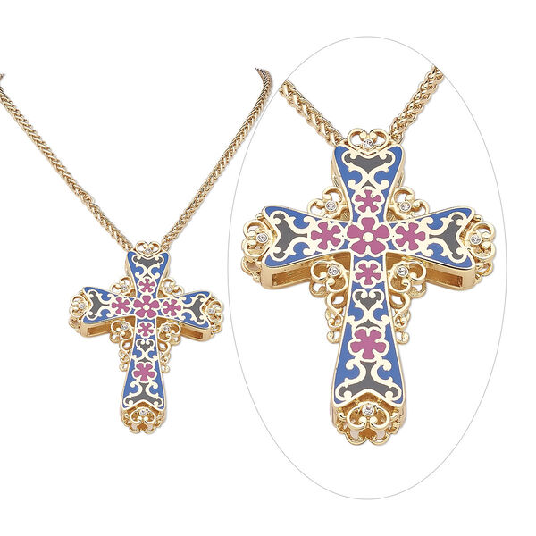 Necklace, Avant-Garde Jewelry Collection, enamel / Czech glass rhinestone / gold-plated steel / "pewter" (zinc-based alloy), multicolored, 3-1/4 x 2-1/4 inch cross, 30-inch continuous loop. Sold individually. image number 0