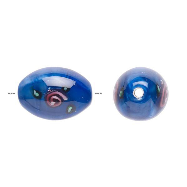 Bead, Czech lampworked glass, opaque blue / pink / green, 15x10mm-16x11mm olive with flower design. Sold per pkg of 2. image number 0