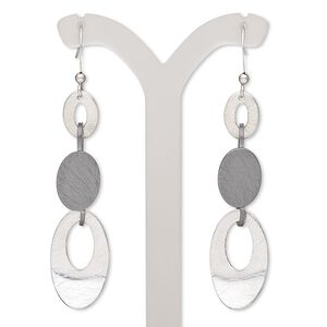 Earring, gunmetal- / imitation rhodium-finished steel / brass, 2-1/2 inches with brushed oval and fishhook ear wire. Sold per pair.