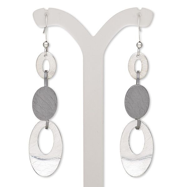 Earring, gunmetal- / imitation rhodium-finished steel / brass, 2-1/2 inches with brushed oval and fishhook ear wire. Sold per pair. image number 0