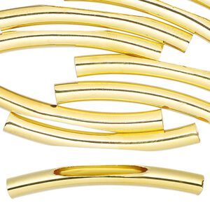Bead, gold-finished brass, 45x5mm curved tube with cutout long oval. Sold per pkg of 10.