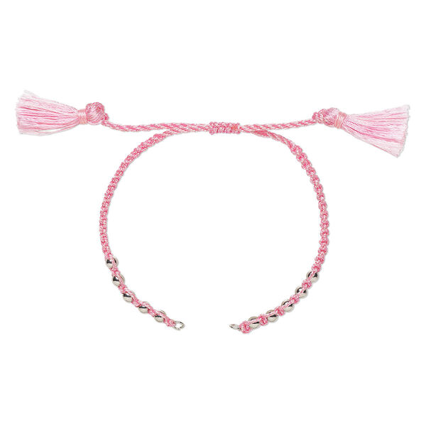 Bracelet component, nylon and silver-finished brass, pink, 9-3/4 inches with adjustable macramé closure and (2) 5mm open loops. Sold individually. image number 0
