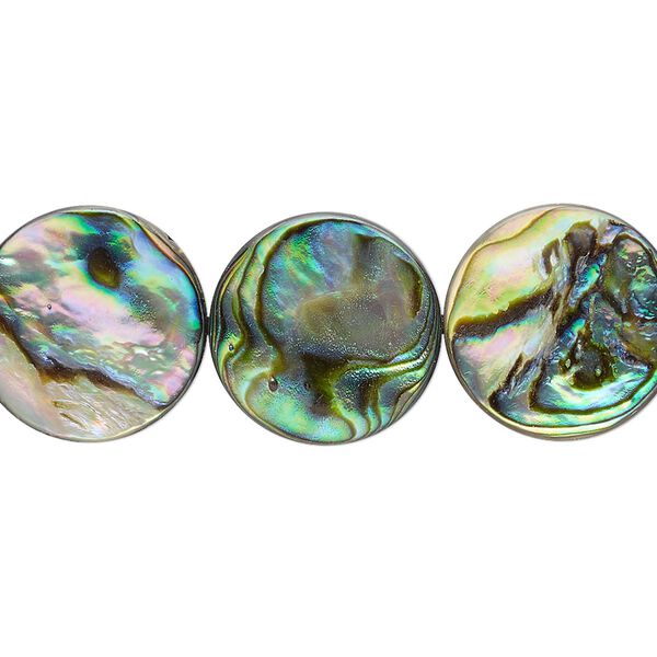 Bead, paua shell (assembled), 16mm flat round. Sold per 15-1/2" to 16" strand. image number 0