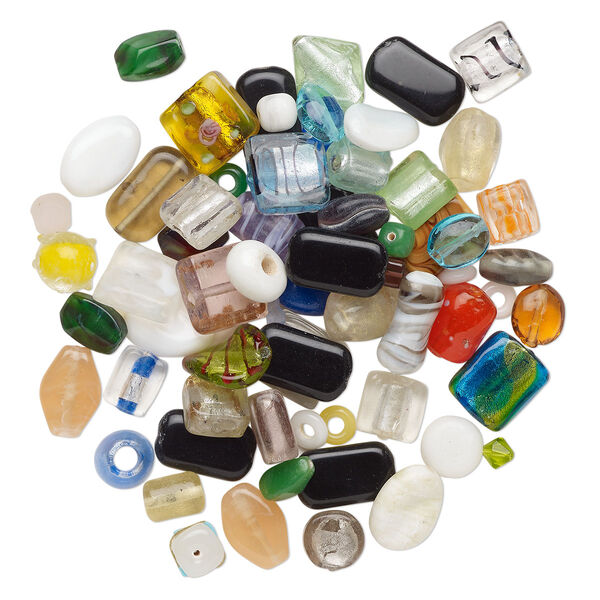 Bead 1pkg1 lampworked glass, 6x5mm-20x18mm mixed shapes, 4 ounce mix opaque to transparent mixed colors image number 0