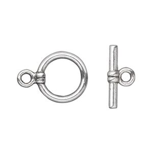 Clasp toggle 1pkg20 silver-plated "pewter" (zinc alloy), 15mm double-sided round, antique 1-strand