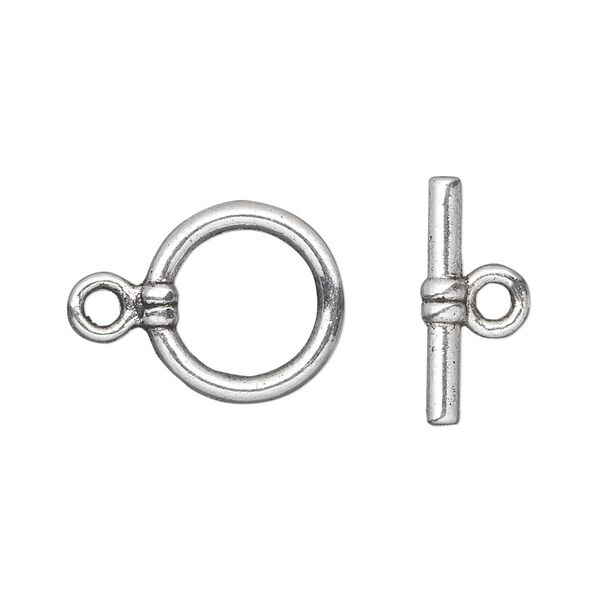 Clasp toggle 1pkg20 silver-plated "pewter" (zinc alloy), 15mm double-sided round, antique 1-strand image number 0