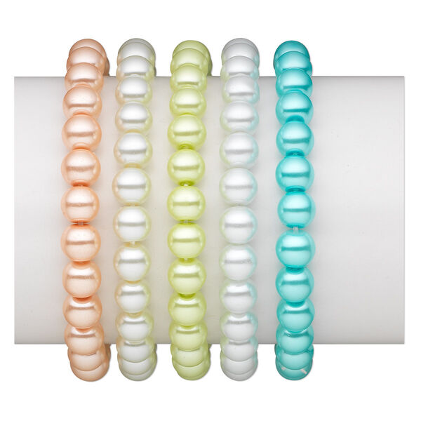 Bracelet, stretch, glass pearl, pastel colors, 8mm round, 6-1/2 inches. Sold per pkg of 5. image number 0