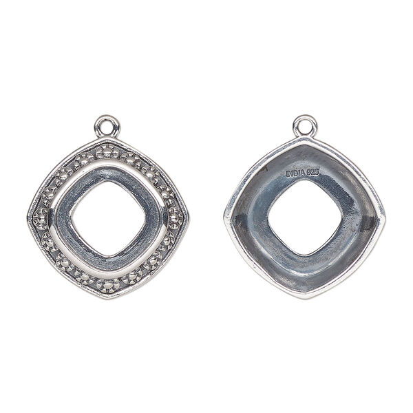 Drop, Almost Instant Jewelry®, antiqued sterling silver, 17.5mm rounded diamond with 10mm cushion setting and flower design with open back. Sold individually. image number 0