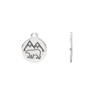Drop, sterling silver and enamel, black, 12mm round with bear and mountain design. Sold individually.