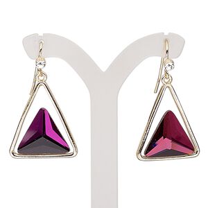 Earring, glass / glass rhinestone / gold-finished brass / "pewter" (zinc-based alloy), purple and clear, 35mm with triangle and fishhook ear wire. Sold per pair.