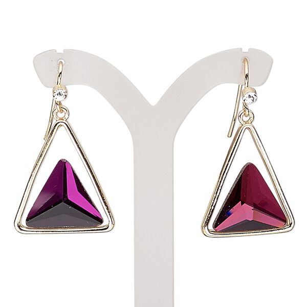 Earring, glass / glass rhinestone / gold-finished brass / "pewter" (zinc-based alloy), purple and clear, 35mm with triangle and fishhook ear wire. Sold per pair. image number 0