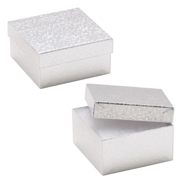 Box, paper, "cotton"-filled, silver, 3-3/4 x 3-3/4 x 2-inch square. Sold per pkg of 10. image number 0