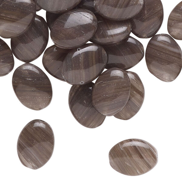 Bead, Czech pressed glass, translucent dark grey and clear, 12x9mm puffed oval with swirl pattern. Sold per 1-ounce pkg, approximately 39 beads. image number 0