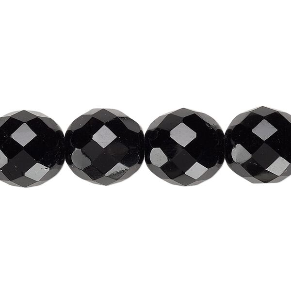 Bead, Czech fire-polished glass, pkg/15-1/2 to 16 inches, 12mm faceted round, opaque jet black, (23980). image number 0