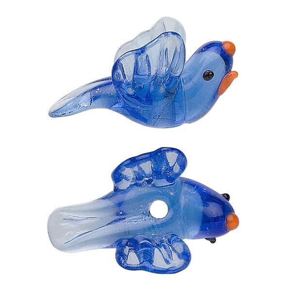 Bead, lampworked glass, blue / orange / black, 30x20mm bluebird of happiness. Sold per pkg of 2. image number 0