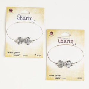 Connector, 1pkg2, silver-finished brass and acrylic, clear, 30x14mm-30x15mm bow.