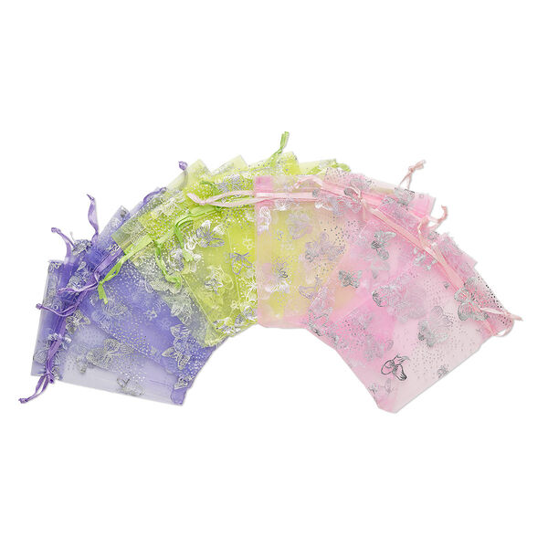Pouch, organza, assorted colors, 4-1/2 x 3 inches with butterfly pattern and drawstring. Sold per pkg of 12. image number 0