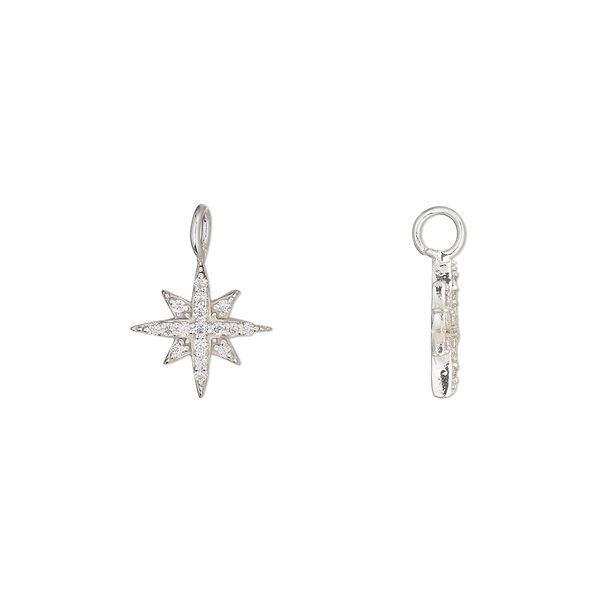 Charm 1pkg1 sterling silver / cubic zirconia 10.5x10.5mm star perpendicular loop, clear image number 0