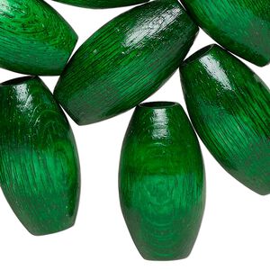 Bead, wood (dyed/waxed), dark green, 25x14mm oval. Sold per pkg of 100.