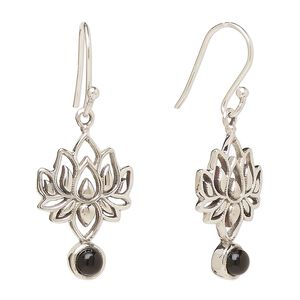 Earring, Create Compliments®, antiqued sterling silver and black onyx (dyed), fishhook, 37.5mm with 22.5 x 14.5mm single-sided lotus, 21 gauge. Sold per pair.