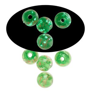Bead, lampworked glass, clear / green / glow-in-the-dark / gold, 8mm round. Sold per pkg of 6.