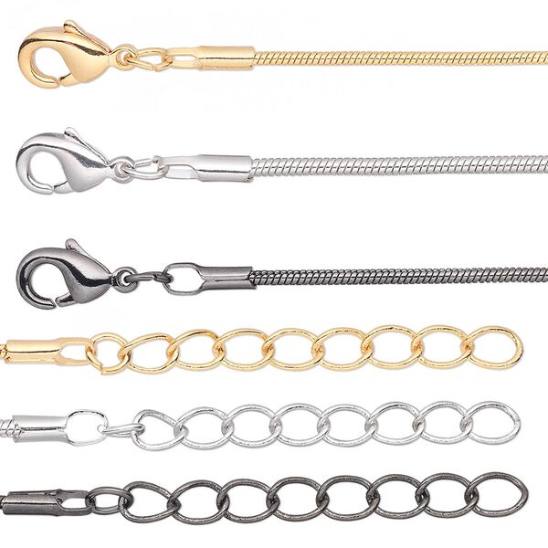 Chain, gold-finished / silver- / gunmetal-plated brass, 1mm snake, 6-1/2 inches with 1-1/4 inch extender chain and lobster claw clasp. Sold per pkg of 6. image number 0