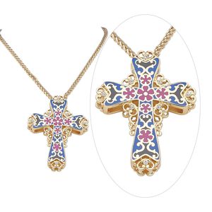 Necklace, Avant-Garde Jewelry Collection, enamel / Czech glass rhinestone / gold-plated steel / "pewter" (zinc-based alloy), multicolored, 3-1/4 x 2-1/4 inch cross, 30-inch continuous loop. Sold individually.