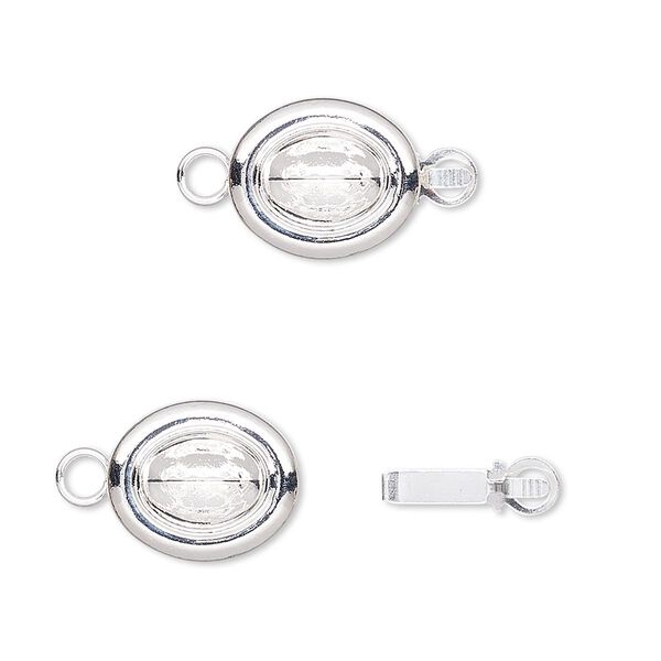 Clasp, Almost Instant Jewelry®, tab, silver-plated brass, 13x11mm oval with 8x6mm oval setting. Sold per pkg of 4. image number 0