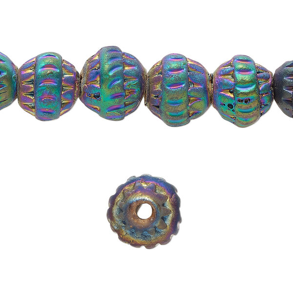 Bead, pressed clay, rainbow, 10x8mm-12x11mm handmade textured round. Sold per 16-inch strand, approximately 40 beads. image number 0