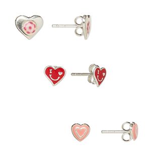 Earstud, enamel and sterling silver, red and pink, 5.5x5mm heart with heart design / 6.5x5mm heart with smiley face design / 8.5x7mm heart with flower design and post. Sold per pkg of 3 pairs.