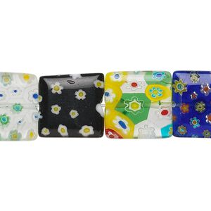 Bead, millefiori glass, multicolored, 14mm flat square. Sold per 15-1/2" to 16" strand.